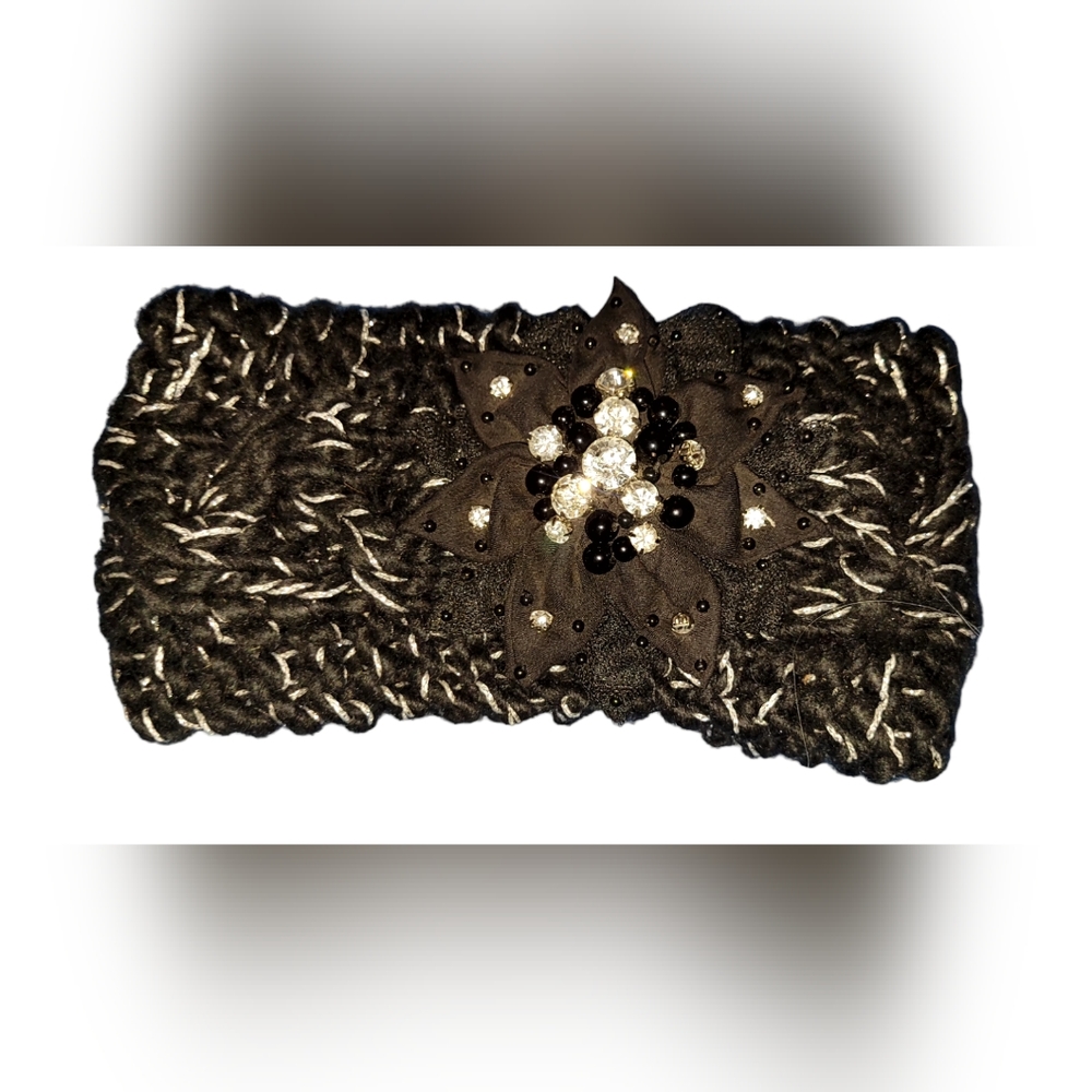 Olive & Oique Black Head scarf with flower, One Size